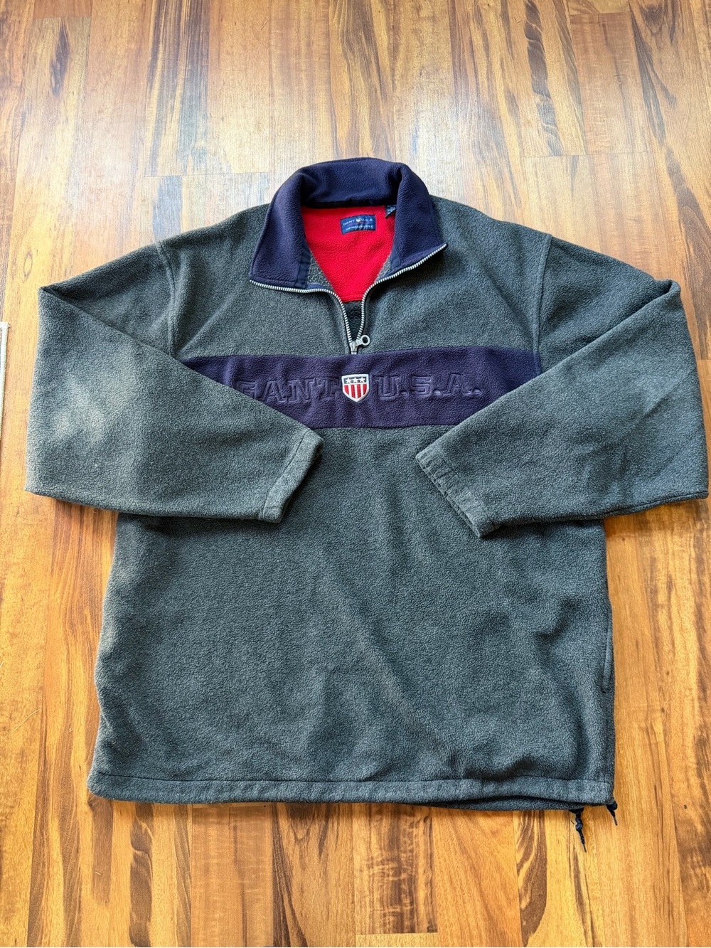 Gant Men's Gray Fleece Half-Zip with Navy Chest Panel and Red Inner Collar